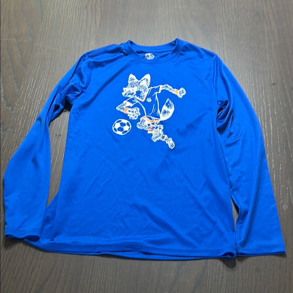 Youth Large Blue Long Sleeve Soccer Graphic Shirt